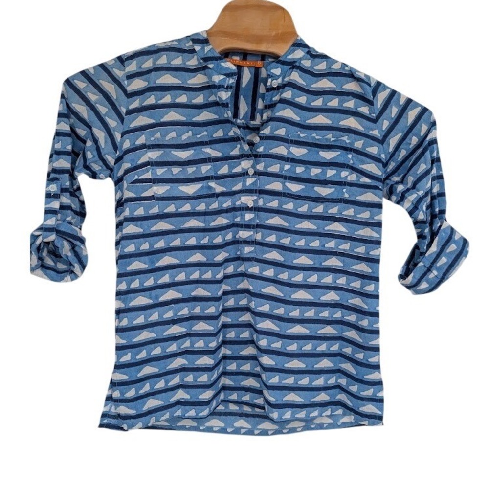 Oliphant Kurta Women's Cotton‎ Popover Tunic Blouse Blue White sz Small